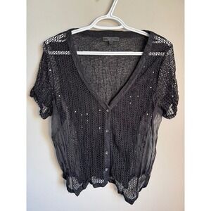 Cativa Black‎ Sequin Mesh Knit Button Up Top Size Large Boho Whimsigoth Witchy
